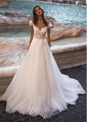 Beaded Cap Sleeve Ivory Lace Tulle Tasteful Wedding Dress Beaded Cap Sleeve Ivory Lace Tulle Tasteful Wedding Dress